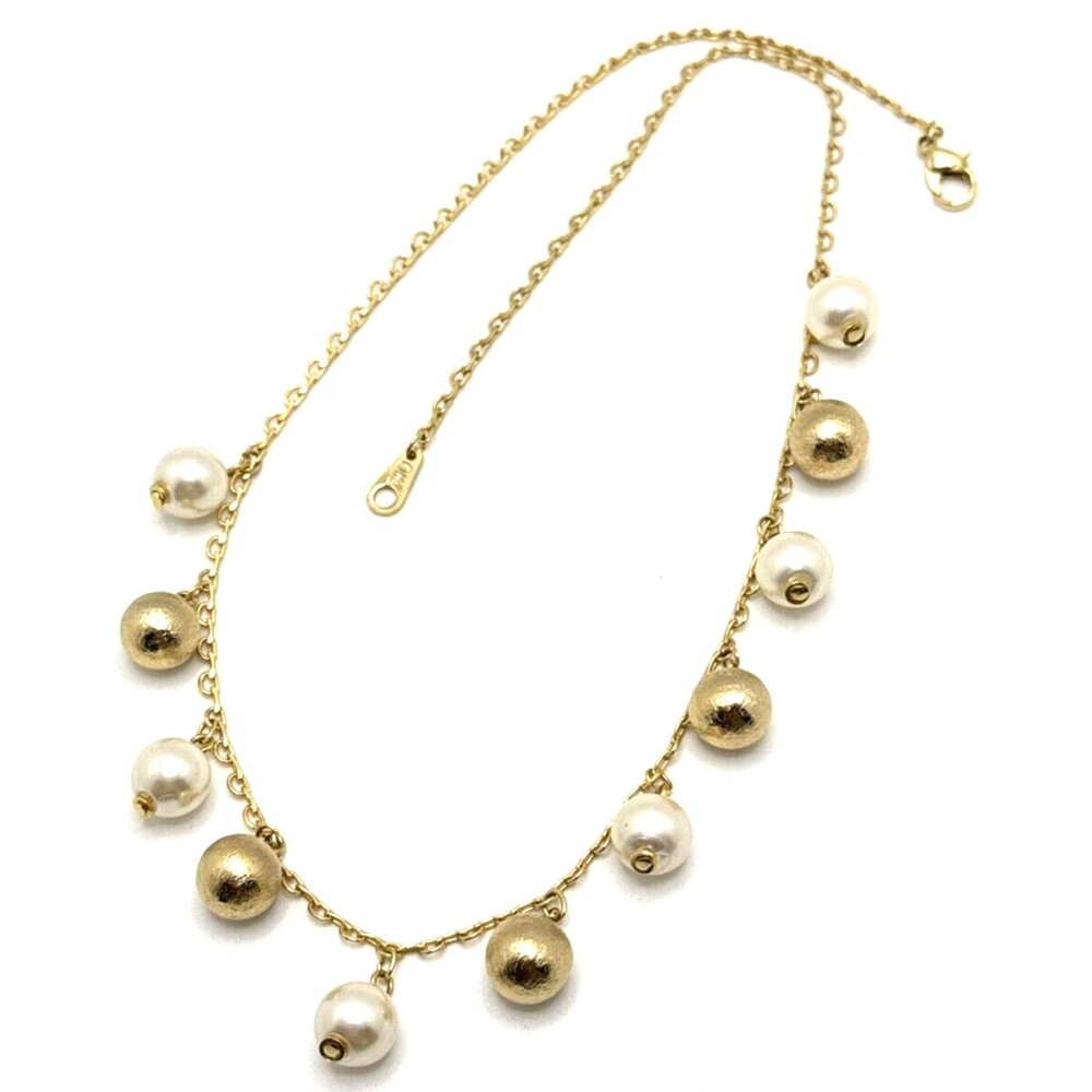 OLFA Faux Pearl & Gold Tone Textured Bead Necklace Statement Dangle Bib 18"